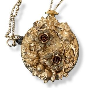 Vintage Ornate Brass Floral Round Locket Pendant Necklace Relief & Repoussé